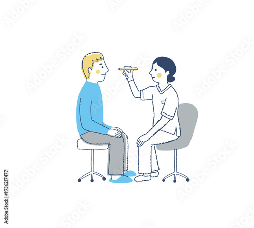 ペンライトで検査をしている医者と男性患者