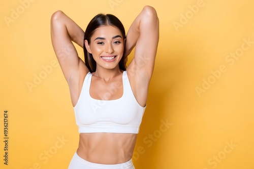 Woman in sportswear fitness and wellness concept on yellow background