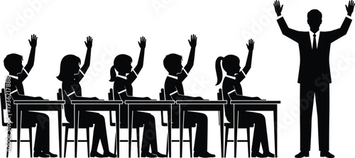 Students raising hands classroom silhouettes, teacher asking question illustration, school education scene, black student silhouettes isolated for learning concept