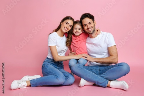 Happy family portrait smiling mother father daughter pink background
