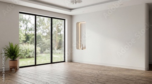Modern minimal living room featuring wood floor with a large window elegant contemporary white room ,Color of the Year 2026 – Cloud Dancer ,copy space ,empty room.3Drender