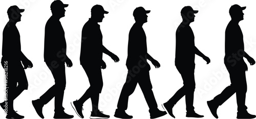 Walking man silhouettes collection, male walking poses sequence, casual people movement illustration, black human silhouette set isolated