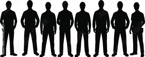 Construction worker silhouette lineup wearing safety helmet, professional builder team concept vector illustration isolated on white background for building industry design