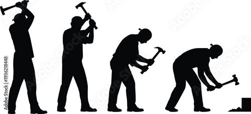Construction worker silhouette set using hammer in different action poses, manual labor and building process concept vector illustration isolated on white background