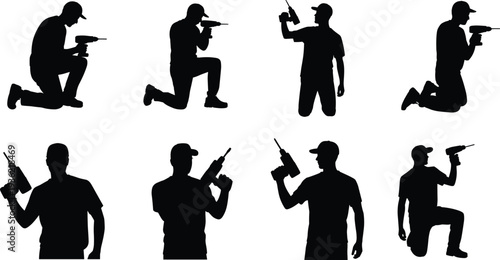 Construction worker silhouette set with electric drill in various kneeling and standing poses, handyman repair and installation vector illustration isolated on white background
