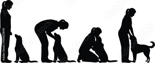Woman with dog silhouettes collection, pet owner training and hugging dog poses, human animal friendship illustration isolated