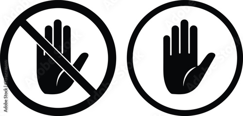  Black and white circular stop hand symbols, one with prohibition line and one caution hand, representing safety, restriction, warning, and access control signage