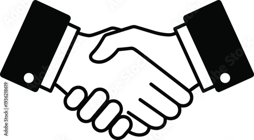 Black and white handshake illustration of two business professionals in suits, symbolizing agreement, partnership, cooperation, teamwork, negotiation, and successful collaboration in a formal context.