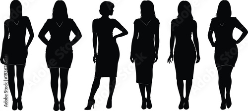 Women standing silhouettes collection, female fashion poses set, elegant lady figures isolated, black woman silhouette illustration for design
