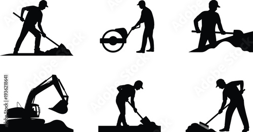 Construction worker silhouettes digging and operating excavator, shovel and rake tools, heavy equipment earthmoving and roadwork vector illustration collection