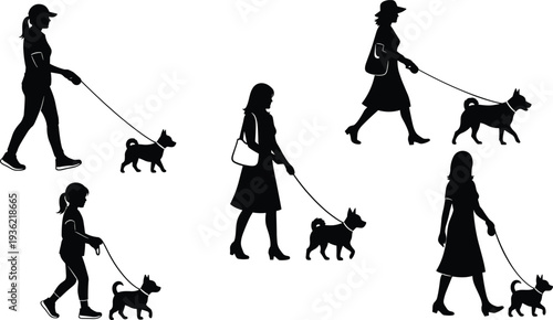 Women walking dog silhouettes collection, pet owner strolling with puppy illustration, human animal companionship isolated set