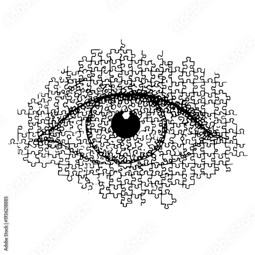 Eye illusion puzzle art optical vision jigsaw graphic design creative artistic concept black and white illustration