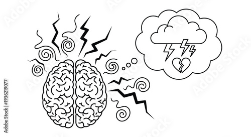 Illustration of a human brain with swirling lines a storm cloud and a heart