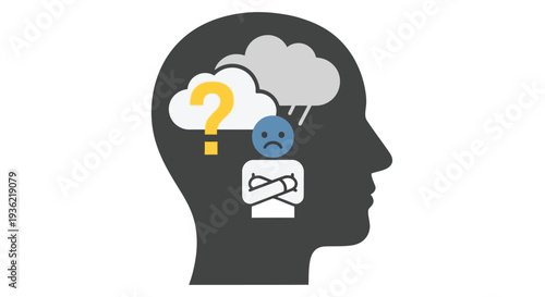 Illustration of a human head with symbols representing mental health struggles