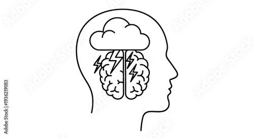 Line art illustration of a human head containing a brain and storm cloud
