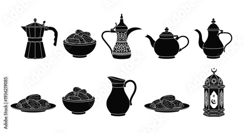 Black, silhouette, set, of, Ramadan, essentials, including, Arabic, coffee, pots, dates, in, bowls, a, pitcher, and, a, decorative, lantern, isolated,