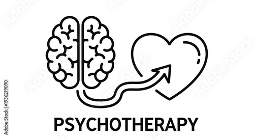 Psychotherapy concept a brain and heart connected by an arrow symbol