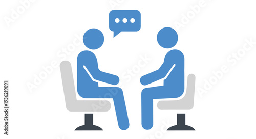 Two figures seated in chairs with a speech bubble indicating conversation