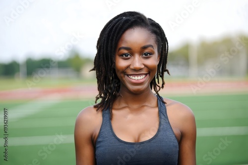 Portrait of smiling african american woman with dreadlocks on track field