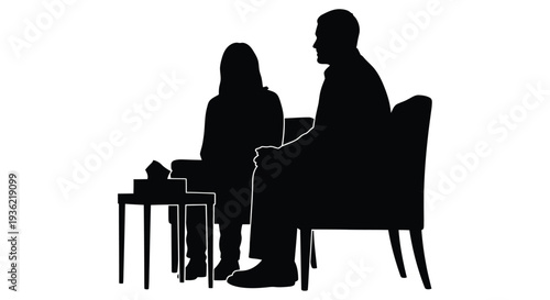 Silhouetted couple seated at a table with objects against a white background