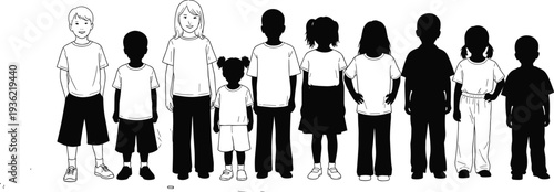 Black, and, white, illustration, of, diverse, children, standing, together, in, a, row, including, silhouettes, and, line, art, for, school, and, community,