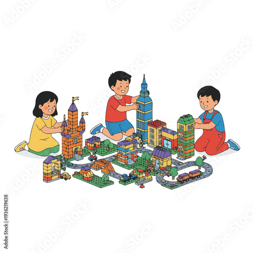 Three cheerful children are happily engaged in building a vibrant mini-city, complete with colorful houses, towers, roads, and vehicles made from toy blocks.