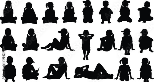 Black silhouettes of children in seated and reclining poses, vector illustration showing diverse postures, playful gestures, casual resting positions