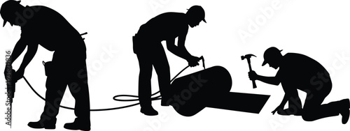 WebConstruction worker silhouettes drilling, hammering and operating heavy equipment, professional builder industrial maintenance and repair vector illustration set