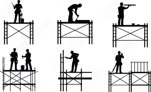 Construction worker silhouettes on scaffolding set, builders performing installation and maintenance tasks at height isolated on white background, vector illustration for industrial concept