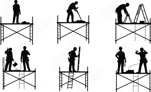Construction worker silhouettes on scaffolding platforms, builders performing repair and installation tasks at height isolated on white background, vector illustration for industrial labor concept