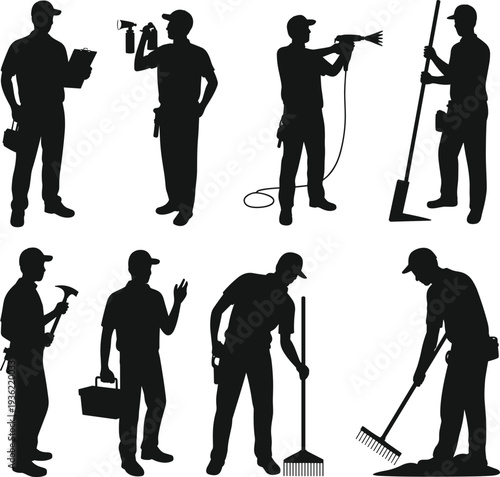 Construction worker silhouettes set, handyman and maintenance staff with tools, industrial labor collection isolated on white background vector illustration