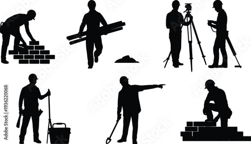Construction worker silhouettes set, builders laying bricks, surveying with tripod and carrying materials in professional working poses isolated on white background vector illustration