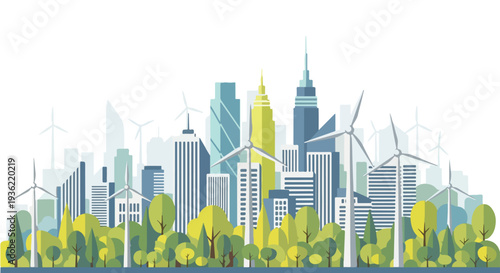 Simple flat vector of modern eco-city skyline with trees and wind turbines, clean lines.