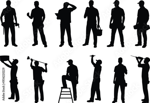 Construction worker silhouettes set, professional builders using tools and ladder in different poses isolated on white background, vector illustration for industrial labor concept