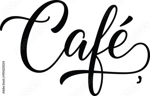Elegant black script calligraphy of the word Cafe with a decorative flourish, perfect for coffee shop branding, restaurant menus, signage, and boutique bistro labels.
