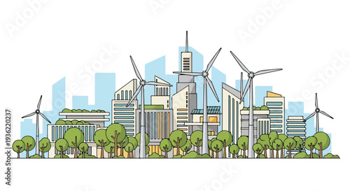 Simple flat vector of modern eco-city skyline with trees and wind turbines, clean lines.