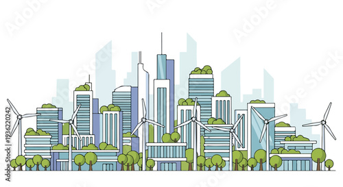Simple flat vector of modern eco-city skyline with trees and wind turbines, clean lines.
