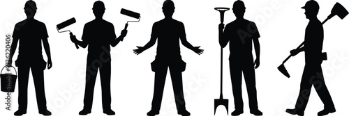 Construction worker silhouettes set, professional painters and builders holding tools and equipment isolated on white background, vector illustration for industrial labor and maintenance concept