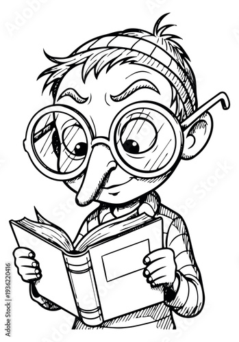 Cute character reading book hand drawn sketch