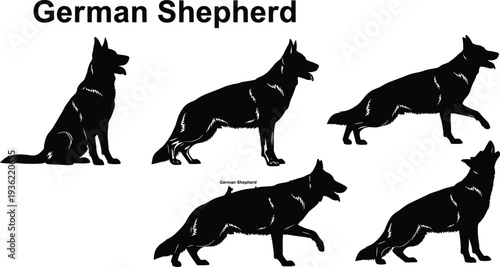 German Shepherd Dog Silhouette Collection Set of Five Poses Including Sitting Standing Walking and Howling for K9 Protection Service Logo or Pet Breed Club Graphic