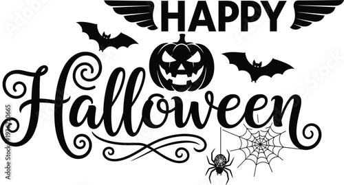 Happy Halloween Silhouette Vector Design Featuring Jack O Lantern Pumpkin Bats Spider Web and Calligraphy Script Lettering for Spooky Festive Holiday Crafting and Decoration