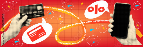 Halftone pop art dot smartphone credit notification discount payment vector illustration