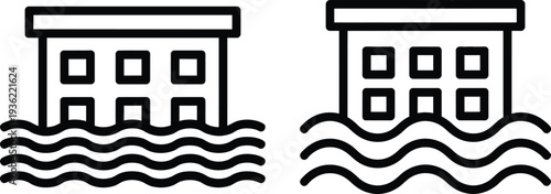 Flooded building icons with rising water levels and damage  severe weather effects