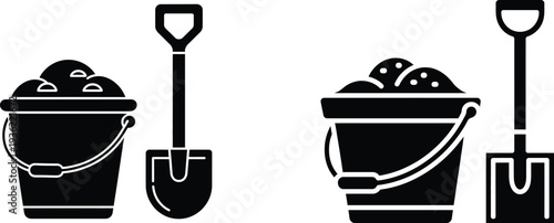 Black silhouettes of buckets and shovels for gardening or construction work tools