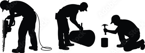Construction worker silhouettes using jackhammer, cutting pipe and hammering surface, professional industrial repair and maintenance vector illustration set