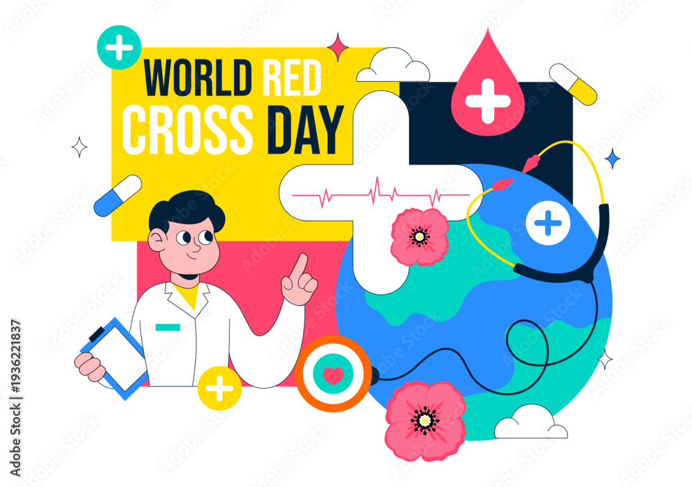 Fototapeta premium World Red Cross Day Healthcare Support With Medical Symbols Heartbeat Stethoscope And Syringe Vector Illustration For Global Awareness Campaign