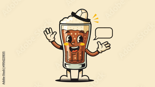 Retro Cartoon Milkshake Character with Hat and Speech Bubble.