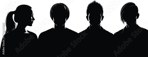 Black silhouettes of diverse human profiles, vector illustration showcasing hairstyles, facial outlines, individuality, anonymity, artistic identity design elements