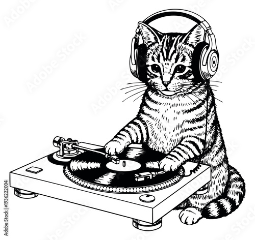 Cat dj with turntable and headphones black and white line art
