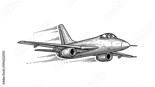 Vintage Military Jet Aircraft Flying with Smoke Trails Engraving Style.